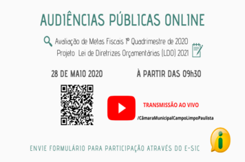 Realização de audiências públicas para discussão da elaboração da LDO 2021 e análise das metas fiscais do executivo será transmitida ao vivo. 